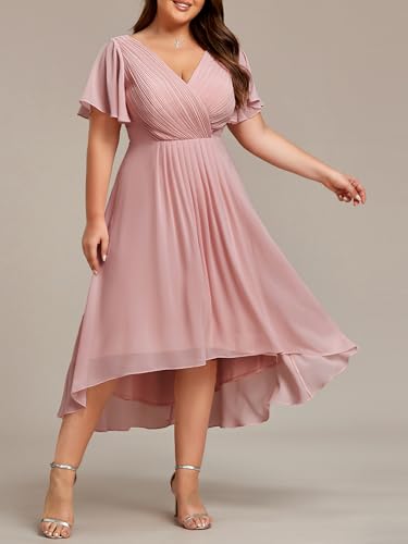 Image of Ever-Pretty Plus Summer Short Sleeves V-Neck Formal Wedding Guest Dresses for Curvy Women Chiffon Midi Cocktail Party Dress