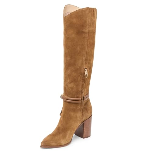 Yishaweiqi Suede Knee High Boots for Women Strap Side Zipper Fall Western Boots Pointed Toe Chunky Bloack Heel Boots4