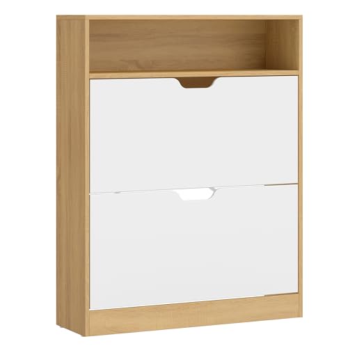 VASAGLE Custos Colección   Zapatero con Compartimiento Abierto y Divisor Ajustable, para Entrada, 2 Puertas Abatibles, 24 x 80 x 102 cm, para 14 16 Pares, Roble Dorado y Blanco Nube LBC048YA02