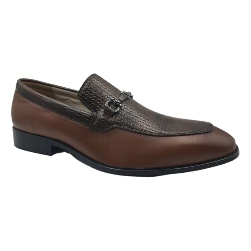 Men's Leather Loafers, Croco Pattern, Cognac Brown and Black, Classic Dress Shoes with Metal Bit Buckle