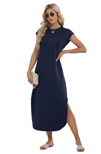 Image of HiMONE Beach Vacation Dresses for Women 2025 Sundress Cap Sleeves Casual Maxi Beach Dress with Pockets XS-2XL
