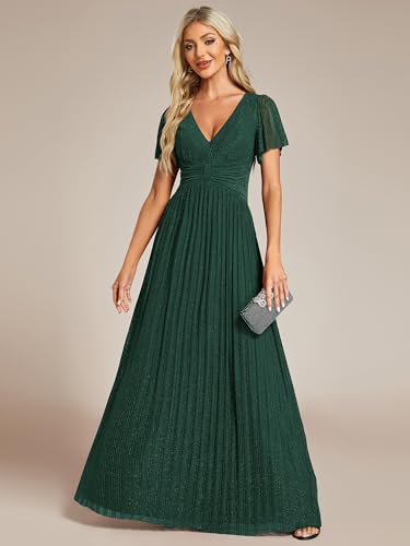 Image of Ever-Pretty Women's V-Neck Glitter Formal Dresses Pleated Short Sleeves Floor Length A-Line Mother of Bride Dress 11961