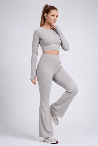 Image of PINAAK FASHION Women's Yoga Co-Ord Set | Full Sleeve Crop Top & Flared High Waist Yoga Pants with Pocket | Thumb Hole Sleeves | Bell Bottom Gym Wear Activewear Tracksuit for Workout, Running & Lounge