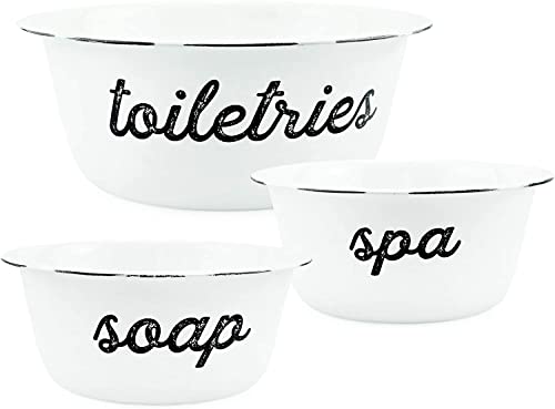 Auldhome Enamelware Spa Basin Set (Set Of 3); White Rustic Farmhouse Decor Spa Bowls For Bathroom Storage And Home Decor #TOP4