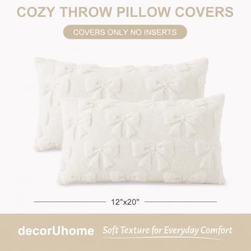 Image of decorUhome Cream White Bow Faux Fur Throw Pillow Covers 12x20 Set of 2