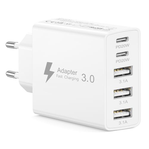 Cargador USB C Carga Rapida, 50W 5 Puerto Enchufe USB C Multiple Cargador iPhone Carga Rapida Enchufe Tipo C Charger Movil para iPhone 17 16 15 14 13 12 11 Pro, Samsung Galaxy S25 S24 S23