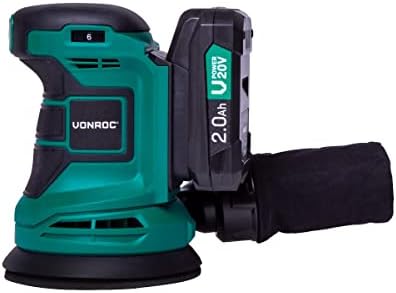 VONROC Random Orbital Sander - VPower 20V - Incl. 2.0Ah Battery and Charger - Ø125mm - with dust Bag & 12 Pieces Sanding Paper