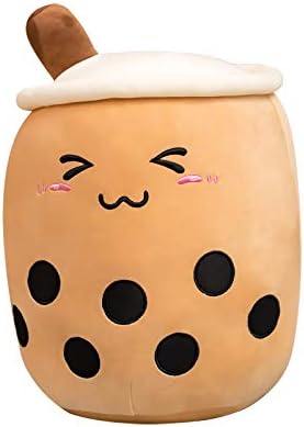 VICKYPOP Cute Bubble Tea Plush Toy Stuffed Boba Food Shaped Pillow Cushion Cartoon Fruit Milk Tea Gift for Kids (Brown Close Eyes, 19.6 inch)