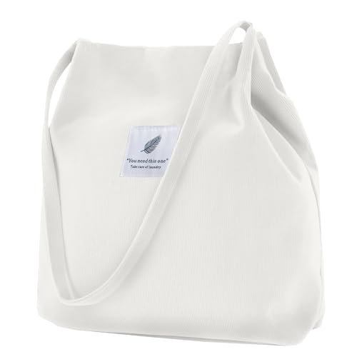 ZhengYue Large Cord Bag for Women Corduroy Tote Bag Women Shoulder Handbags Totes Bag for School Shopping Work College Casual White