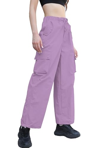 Image of Betusline Girls & Women's High Waist Wide Leg Cargo Pants Y2K Parachute Pants with Pockets and Drawstring 6 Years-Women 2XL