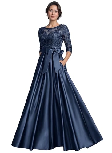 Mother of The Bride Dresses for Wedding 2025 3/4 Sleeve Satin Lace Appliques Modest Formal Evening Gowns with Pockets