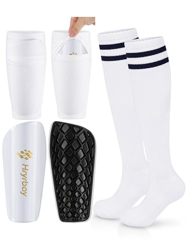 Hryrbay Kids Soccer Shin Guards, Youth Toddler Shin Pads with Sleeves and Socks for Age 3-16 Boys Girls Protective Lightweight Soccer Equipment White Large