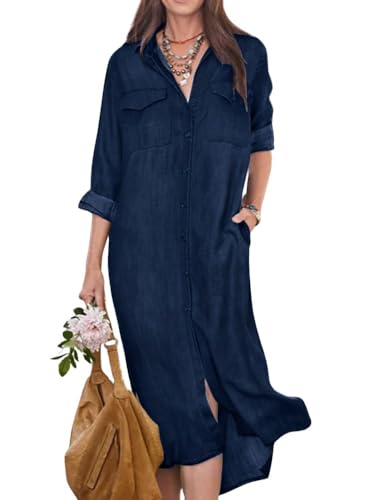 chouyatou Women's Summer Casual Denim Shirt Dress Roll Up Long Sleeve Loose Maxi Shift Jean Dress (Large, Dark Blue)