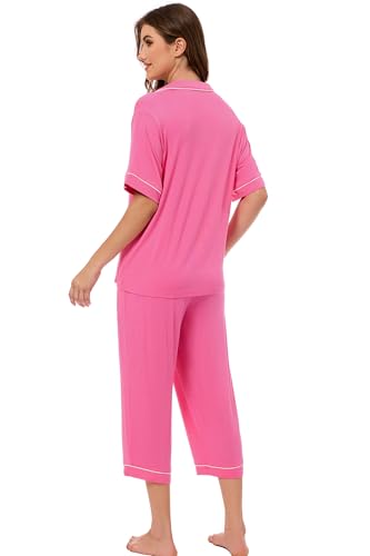 Image of LUBOT Womens Bamboo Viscose Pajamas for Women PJ Set 2 Piece Cooling Soft Short Sleeve Capri Pants Summer Sleepwear Set S-XXL