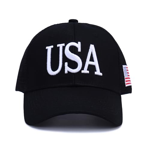 Image of USA Trucker Hat for Men & Women American Flag Cap Adjustable Baseball Cap Mesh Snap Patriotic 3D Embroidered Cap