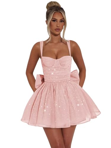 Sparkly Short Homecoming Dresses for Teens with Bow Puffy Pleated Graduation Prom Cocktail Party Gown