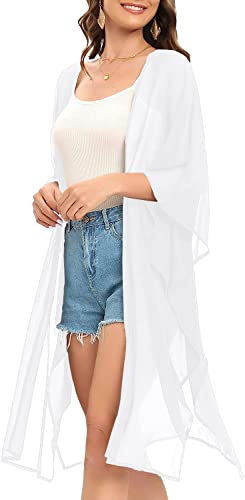 Image of Indian Trendy Women's Solid Puff Sleeve Kimono Long Cardigan Loose Cover Up Casual Blouse Top Chiffon