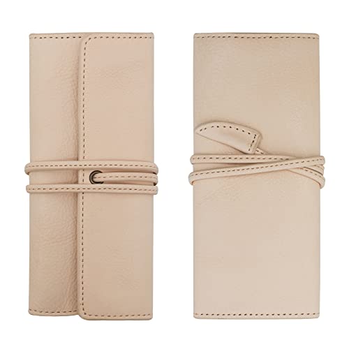 Image of ZLYC Handmade Leather Pencil Case Soft Roll Bag Stationery Gift, Beige | multi slot pen storage design,school class daily use,office desk organizer,graduation holiday gift,foldable portable size