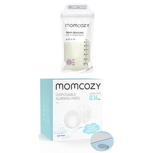 Momcozy Breastmilk Storing Bags, Temp-Sensing Discoloration Milk Storing Bags for Breastfeeding 120 Count & Momcozy Ultra-Thin Disposable Nursing Pads 120 PCS