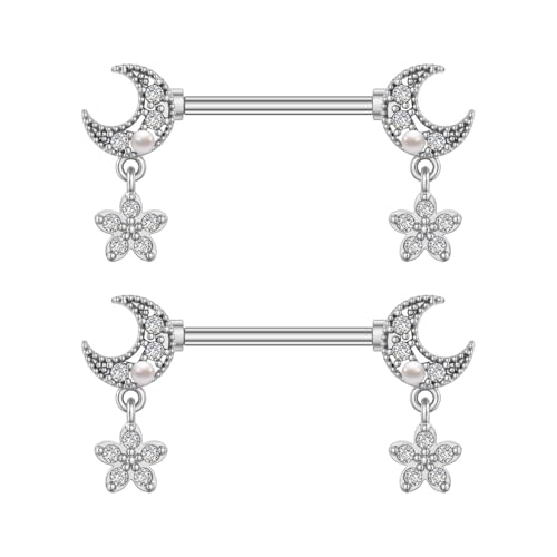 Kokoma Moon and Flower Dangle Nipple Rings for Women 14G Cubic Zirconia Floral Danging Charm Nipple Shield Barbell Ring Nipplerings Dainty Body Piercing Jewelry for Women