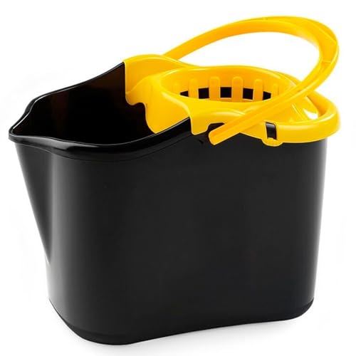 Tradineur - Cubo para Fregar Rectangular con escurridor, Polipropileno, Incluye asa, Ligero, Limpieza, hogar, Fabricado en España (Negro y Amarillo - 13,5 litros)