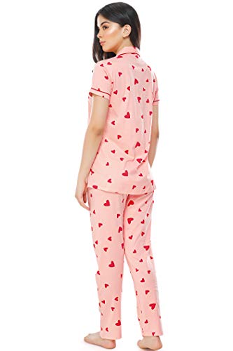 Image of ZEYO Women's Cotton Heart Printed Night Suit Set of Shirt & Pajama Set 5250 (Available in Plus Size)