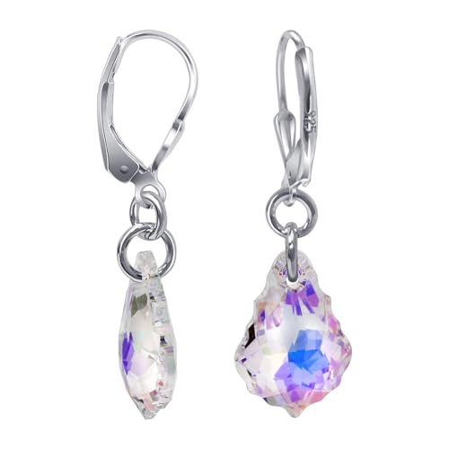 .925 Sterling Silver Drop Earrings with Baroque Shape Austrian Crystals Clear
