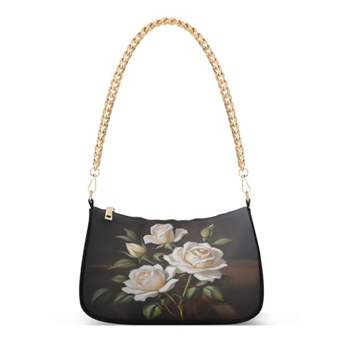 Shoulder Bag for Women White Rose Tote Handbag Crossbody Bag with Zipper Closure
