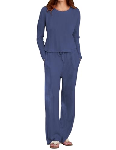 MARZXIN Schlafanzug Damen Lang Pyjama Set Langarm Rundhals Nachtwäsche Sleepwear Loungewear Hausanzug mit Taschen für Zuhause Freizeit Dunkelblau M