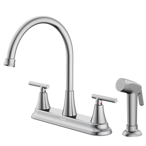 HURRAN 2-Handle Kitchen Faucet with Pull-Out Side Sprayer, 8 Inch High Arch Stainless Steel 360°Rotating Kitchen Sink Faucet, 4 Hole Faucet for Kitchen Bar Rv Camper, Nickel