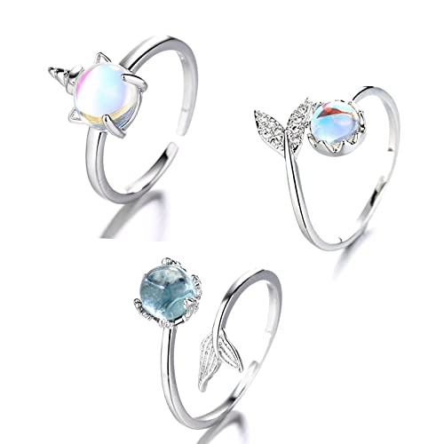 3 Piezas Anillo de Sirena, Anillo de Sirena Para Mujer, Anillo Cristal Ajustable, Anillo de...