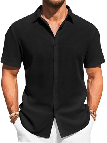 Runcati Mens Button Down Shirts Casual Short Sleeve Beach Shirt Summer Cotton Linen Lightweight Hippie Tops