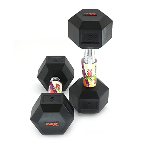 Image of RUBX Rubber Coated Professional Exercise Hex Dumbbells (5 Kg x 2pc (Total = 10 kg + Black Leather Gloves))