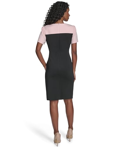 Image of Tommy Hilfiger Women's Short Sleeve Jewel Neck Colorblock Studded Asymmetrical Hem Crepe Mini Dress