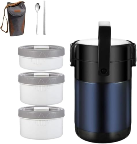 Livmorx 保温ランチジャー フードジャー ポータブルお弁当箱 断熱弁当箱セット サーモス ランチジャー 大容量 ステンレス 通勤 運動会 通学 キャンプ ステンレスランチお弁当 (ブルー,3層(2.3L)食器+収納袋)