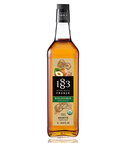 Image of 1883 Organic Hazelnut Syrup for Drinks, Made in France, 1 Liter Glass Bottle