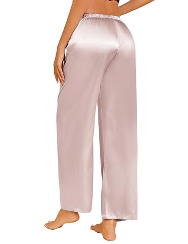 Image of Ekouaer Womens Silk Satin Pajama Lounge Pants Sleep Pj Bottoms with Pockets | Silky,Loose Wide Leg,Drawstring Elastic Waist,Casual,Loose,Elegant