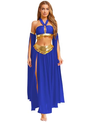 Sxiwei Sexy Bauchtanz Kostüm Damen Halfter BH Mit Lang Tanzrock Glitzer Tanzanzug Bauchtänzerin Karnevalskostüme Blau XXL