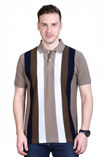 Image of GODFREY Striped Tshirt Shirts Men Cotton Polo T Shirt for Man with Pocket - Regular Fit Half Sleeve Collar T Shirts for Men