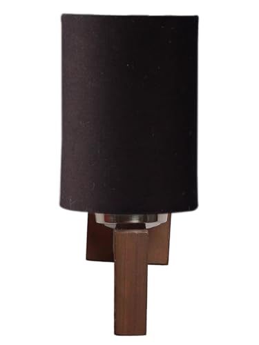 Image of Wall Lamp with Wooden Base (H- 10.9 Inch, Black) Wall Sconce for Bedroom /Living Room, Study Room, Home Office Decor | Decorative Indoor Lighting, Warm Ambient Night Light Lamp | Barrel Shape