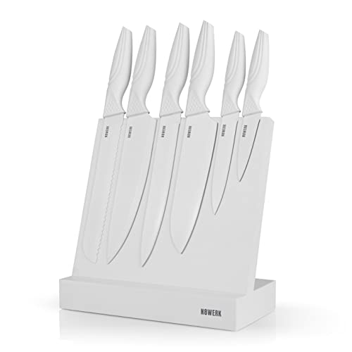 N8WERK Ensemble de couteaux avec bloc à couteaux | 6 couteaux en acier inoxydable | Bloc en bois avec surface magnétique | Ensemble de couteaux de cuisine professionnels & tranchants [Blanc] Cover