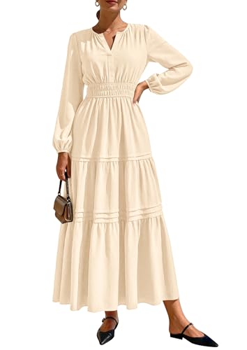 PRETTYGARDEN Womens 2026 Elegant Maxi Dresses Long Sleeve V Neck Flowy Pockets Casual Modest Dress Fall Fashion Clothes (Beige Medium)