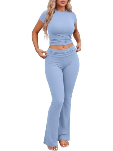 Image of Ekouaer Womens Pajama Set Short Sleeve Crop Top Foldover Flare Pants | Soft Comfy Stretchy, Summer Wear Fall Layer, High Waist Fold Waistband For Loungewear Yoga Daily Casual Wear
