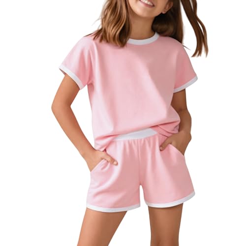 Girls 2 Piece Outfit Round Neck Color Block Short Sleeve Pocket Shorts Set
