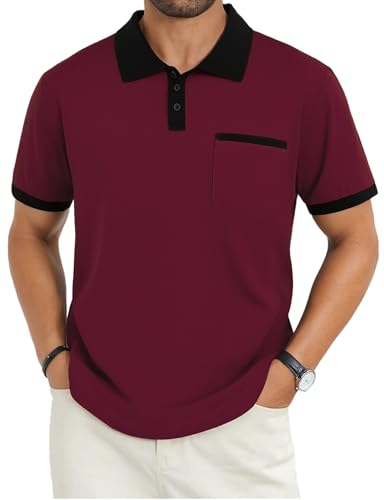 Image of Men's Casual Polo Shirts Summer Short Sleeve Contrast Collar Buttoned Tee Polo Shirt with Pocket