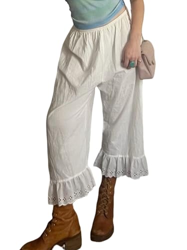 Sunloudy Women Lace Trim Long Bloomers Elastic Waist Ruffle Pettipants Slip Under Dress Pantaloons Vintage Wide Leg Half Slip