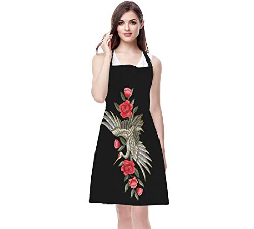 Ekobla Crane Aprons Japanese White Crane Flowers Embroidered Traditional Culture Waterproof Resistant Chef Cooking Kitchen Bbq Adjustable Aprons For Women Men 27X31 Inch #TOP1