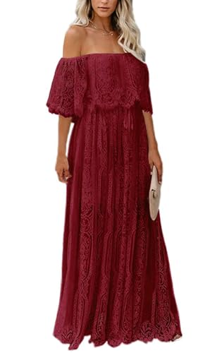Image of HOYISHION Women's Off The Shoulder Floral Lace Maxi Dress White Bridesmaid Wedding Party Maternity Photoshoot Long Dresses