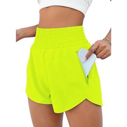 Qesulk Women's High Waisted Running Shorts Mesh Liner Lightweight Athletic Sport Gym Workout Shorts Pants with Zipper Pocket Yellow