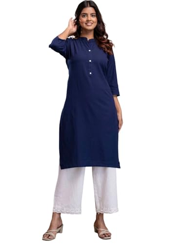 Image of feranoid Women's Plain Cotton Kurta with Mandarin Collar, 3 /4 Sleeves & Pocket